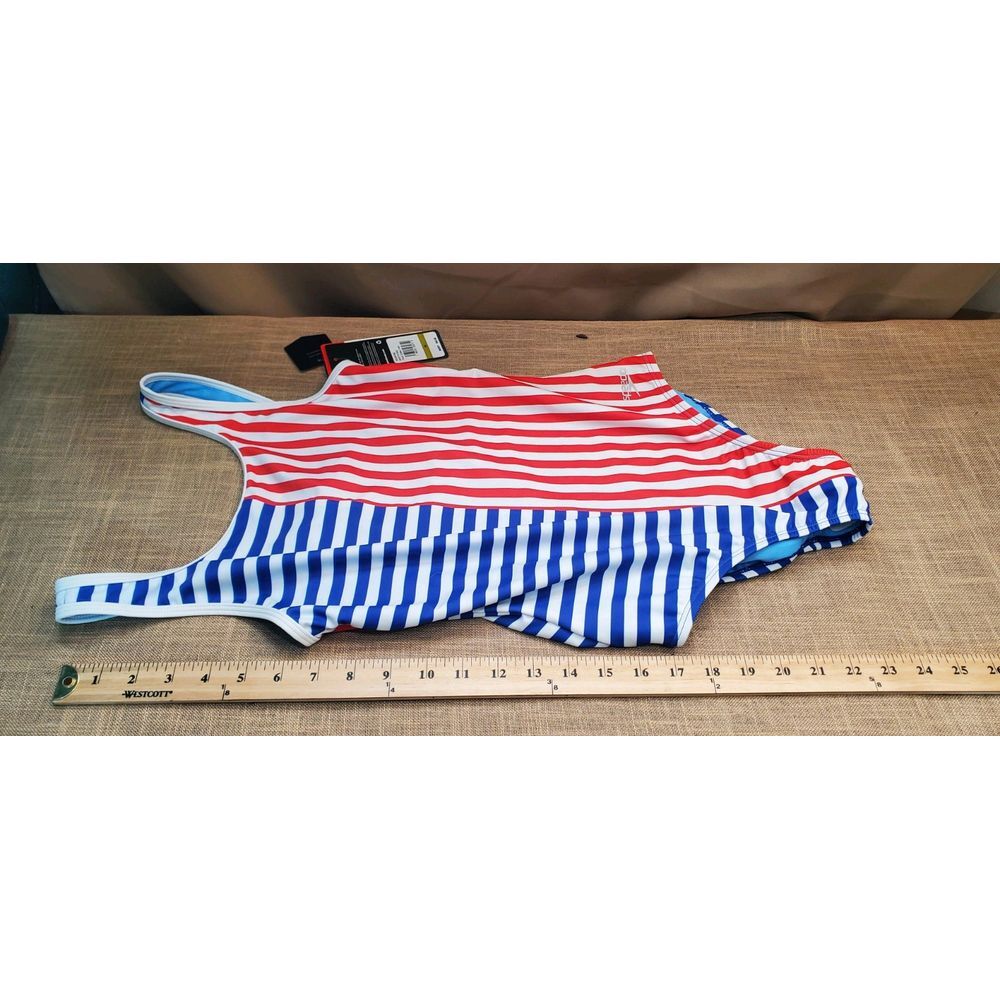 Speedo Girls' Striped Blocked‎ 1 Piece Swimsuit Red White Blue SZ 14 NWT MSRP 42
